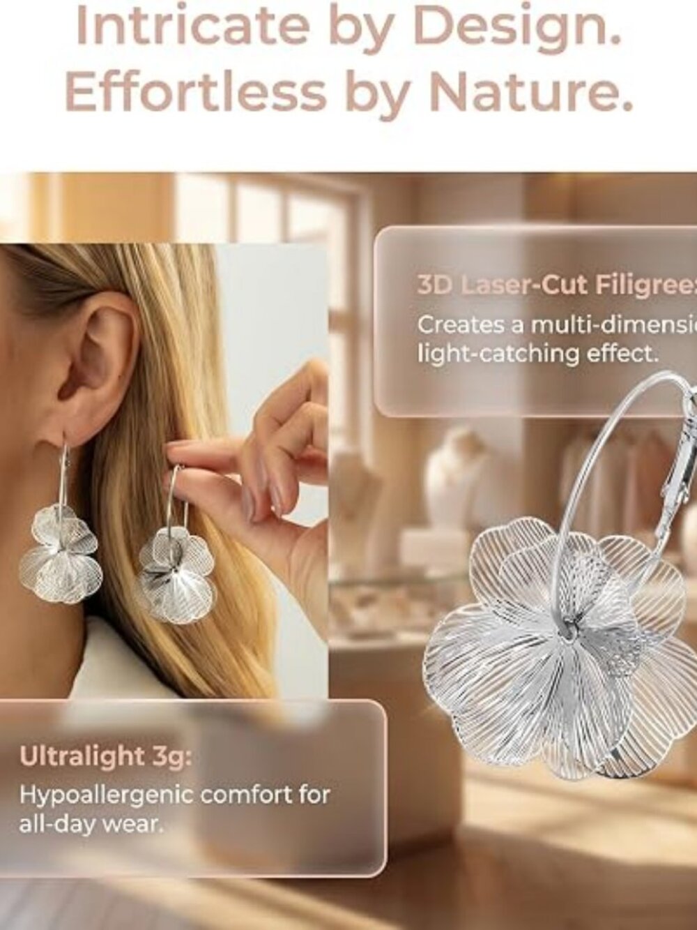 Gold Silver Flower Dangle Earrings for Women - Picture 6 of 7